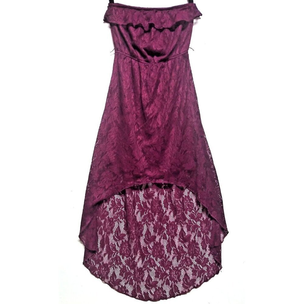 Trixxi Womens Lace dress Hi-Lo off shoulder ruffled Cocktail Dress Sz S plum EUC